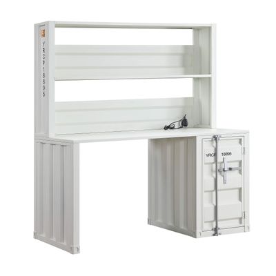 Benjara Metal Base Desk and Hutch with Slated Pattern and Storage Compartment, White