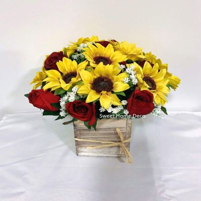 Sweet Home Deco Silk Sunflower Rose Babysbreath Wedding Bouquet Bridal Bouquet Bridesmaid Bouquet Boutonnere in Yellow/Red (Yellow/Red-Arrangement)