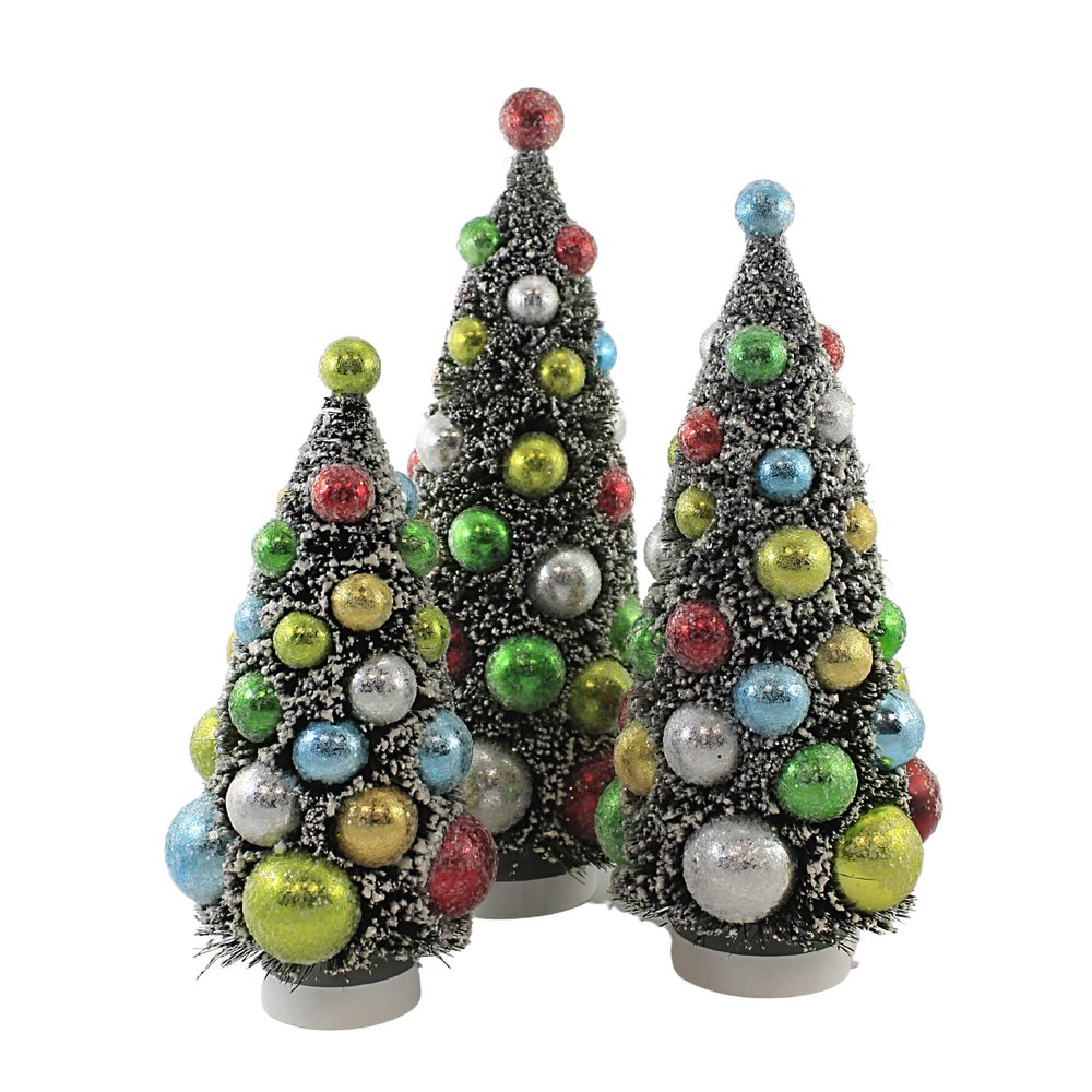 Bethany Lowe Christmas Merry & Bright Bottle Brush, 13.0", Plastic, Set of 3 Snow Covered, Christmas Trees, Lc8415