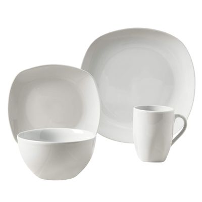 16pc Soft Square Porcelain Dinnerware Set White Solid Casual 16 Piece Dishwasher Safe Microwave