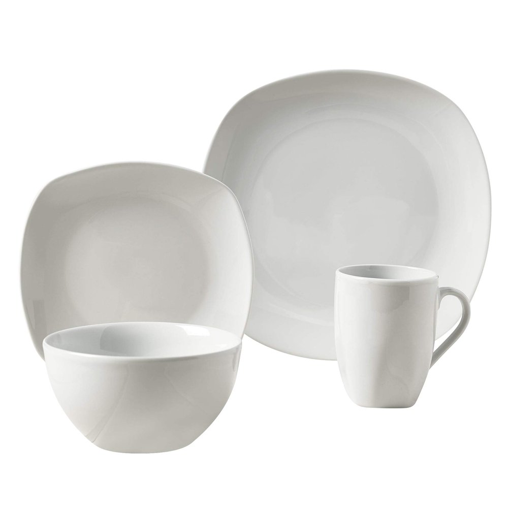 16pc Soft Square Porcelain Dinnerware Set White Solid Casual 16 Piece Dishwasher Safe Microwave
