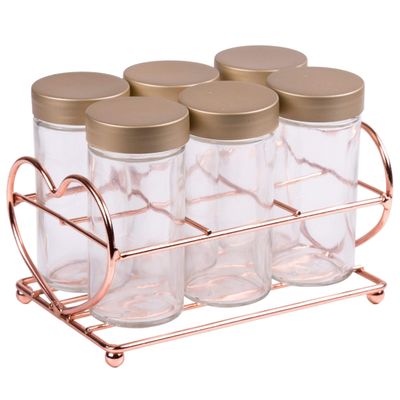 Set of 6 Glass Spice Bottle Jar with Copper Finished Rack Organizer Gold Steel