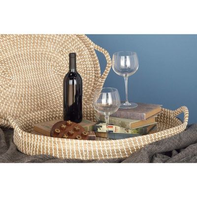 2-Piece Round Seagrass Tray Set Brown Bohemian Eclectic Natural Fiber