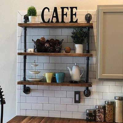 DR.IRON Industrial Pipe Shelves Wall Shelving Rustic Wood Shelf Storage Shelves 3 Tiers Wall Mount Pipe Design DIY Shelf Retro Wall Shelving (Black, 24" L)
