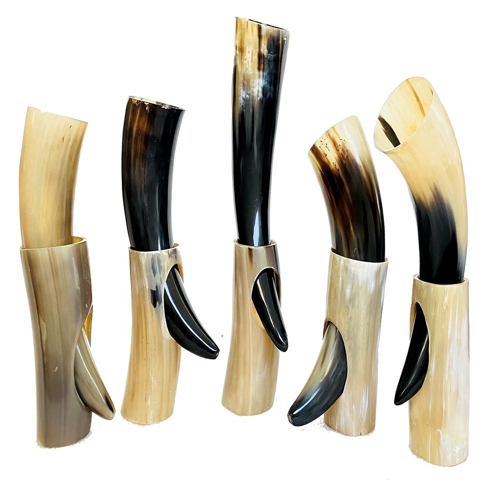 5x Viking Drinking Horn Cups 9" -15" | Viking gift for men 100% Natural Norse 10-14 oz Goblet Ale Mead Beer mug Wine with Stand (Large (9"-11"))