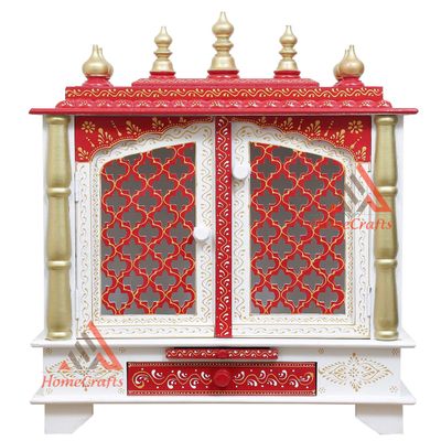 Homecrafts Handpainted Wooden Home Temple/ Mandir/ God Stand/ Pooja Stand/ Home Mandap/ Mandapam with Doors and Medium Size (Color-White-Red) (in Side Partition Shelf) Medium Size- 20x11x24 Inch