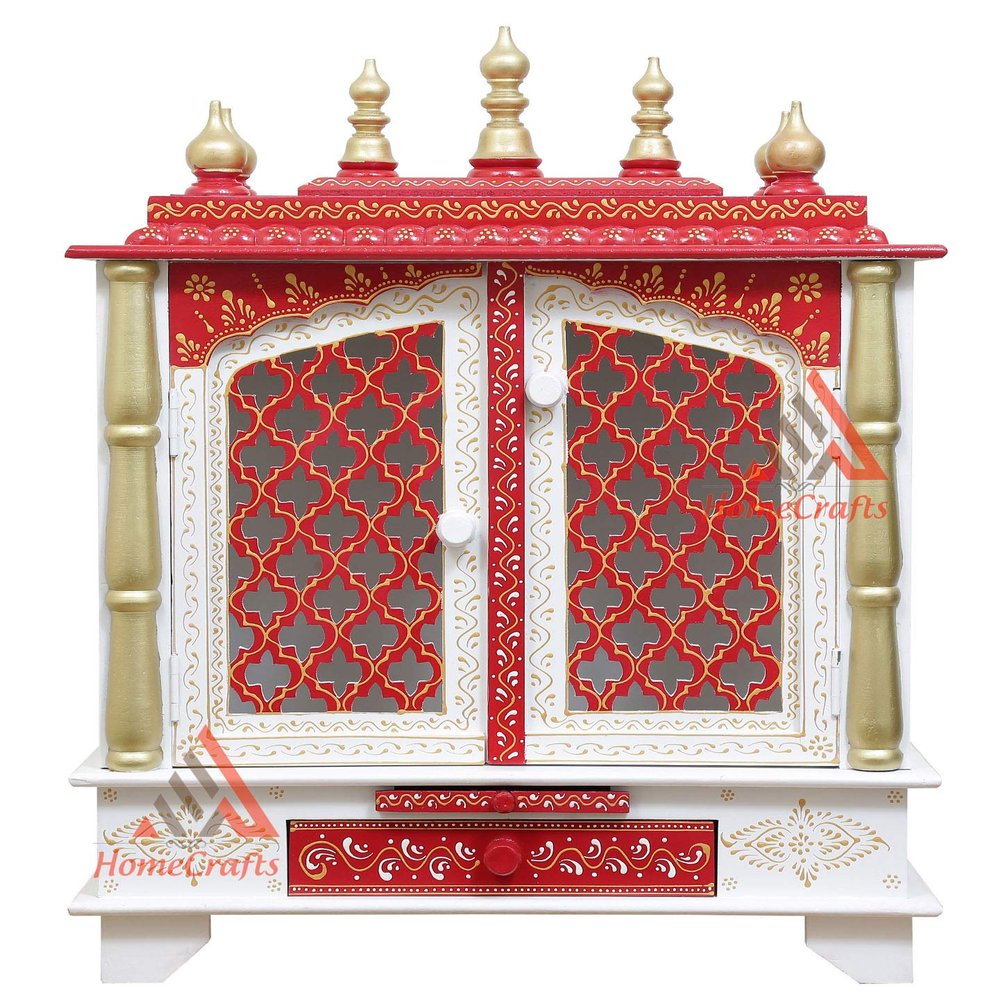 Homecrafts Handpainted Wooden Home Temple/ Mandir/ God Stand/ Pooja Stand/ Home Mandap/ Mandapam with Doors and Medium Size (Color-White-Red) (in Side Partition Shelf) Medium Size- 20x11x24 Inch