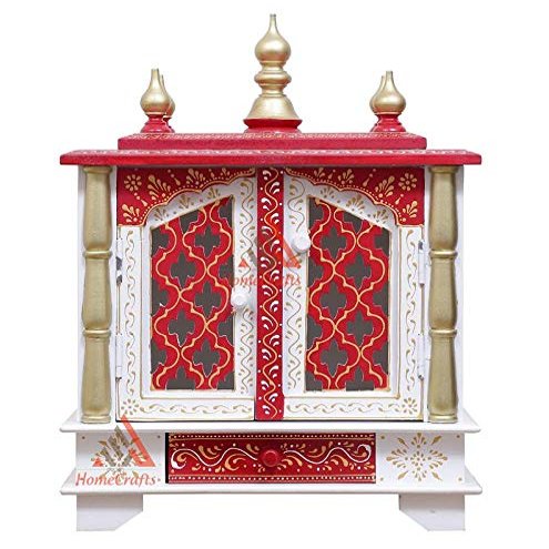 Handpainted Wooden Home Temple with Doors, Rajasthani Art (in Side Puja thali, Poja Books,God Pics.LED Lights nd More.