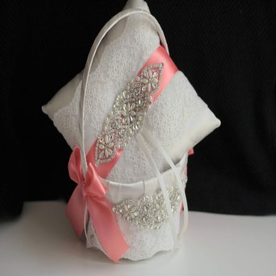 Alex Emotions Coral Flower Girl Basket, Ring Pillow, Guest Book with Pen and one Bridal Garter