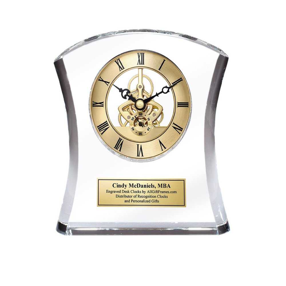 AllGiftFrames Encore Sleek Curve Crystal Clock with Gold Gear Davinci Dial Engraved Executive Gift Etch Retirement Present Year Service Coworker Birthday Graduation