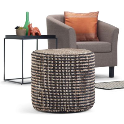 Contemporary Round Braided Pouf in Natural Jute Cream Abstract Modern Transitional Pattern Upholstered