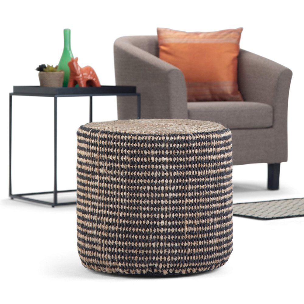 Contemporary Round Braided Pouf in Natural Jute Cream Abstract Modern Transitional Pattern Upholstered