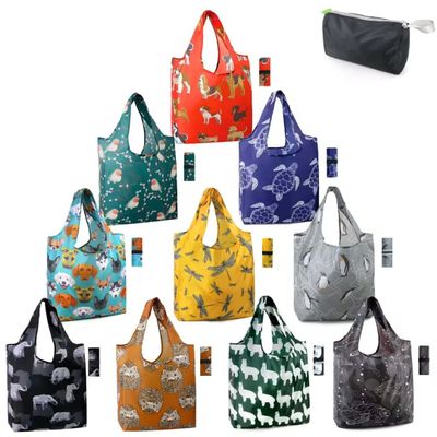 BeeGreen Animal Reusable Shopping Bags Grocery Totes 10 Pack with Zipper Carry Pouch Cute Shopper Bags XLarge Machine Washable Durable Gifts for Animal Lovers Women