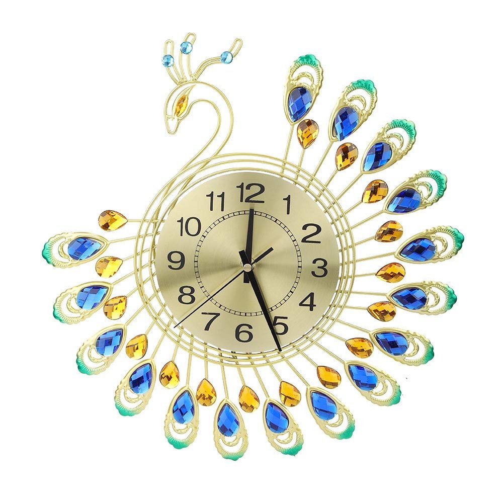 Alinory Wall Clock, Iron Modern Wall Clock Large 3D Peacock Shape Non Ticking Silent Clock for Living Room Decor