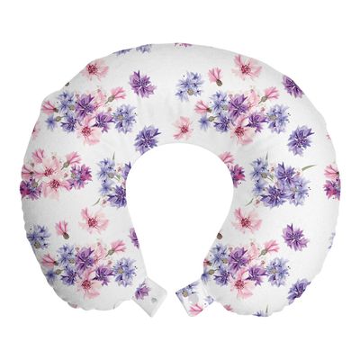 Ambesonne Watercolor Travel Pillow Neck Rest, Floral Pattern with Wedding Inspired Blossoming Nature Bridal Bouquet, Memory Foam Traveling Accessory for Airplane and Car, 12", Lavender Lilac