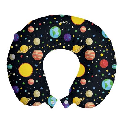 Ambesonne Space Travel Pillow Neck Rest, Comets and Constellations Stars with Polka Dots Earth Sun Saturn Mars Solar System, Memory Foam Traveling Accessory for Airplane and Car, 12", Black