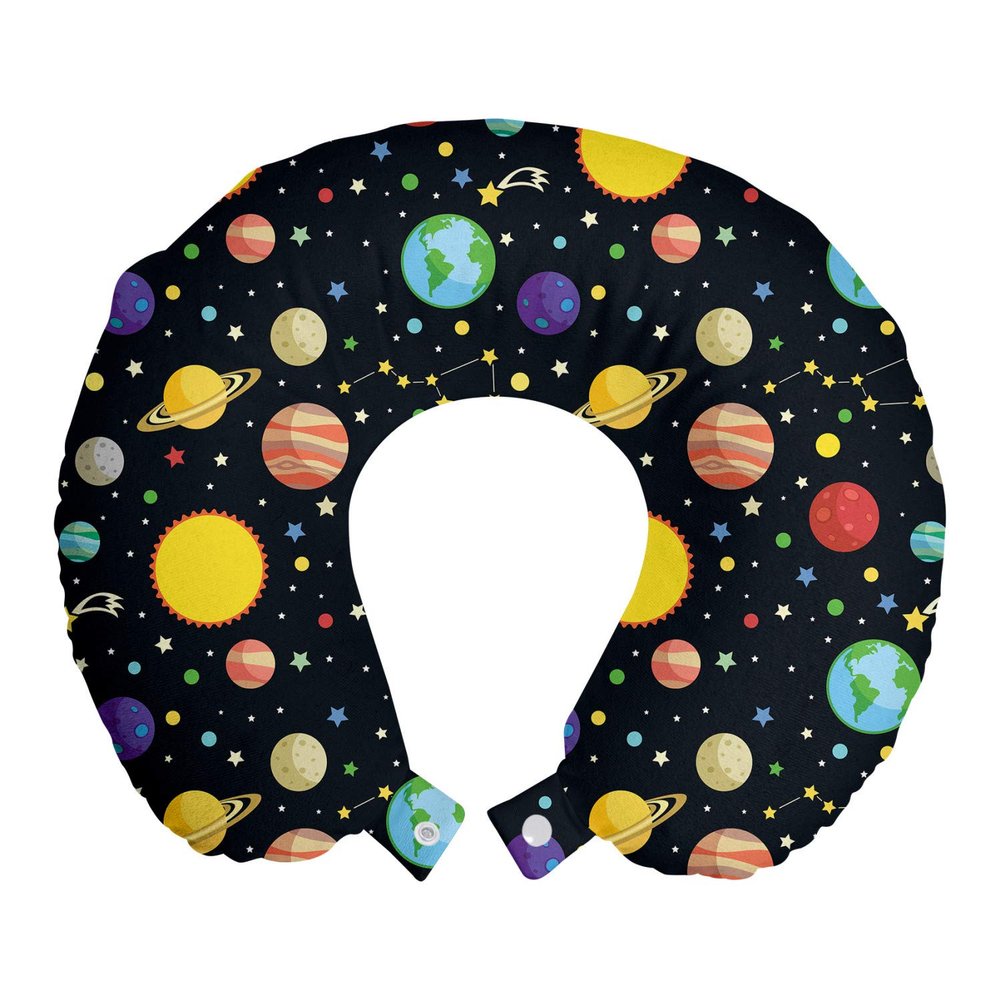 Ambesonne Space Travel Pillow Neck Rest, Comets and Constellations Stars with Polka Dots Earth Sun Saturn Mars Solar System, Memory Foam Traveling Accessory for Airplane and Car, 12", Black