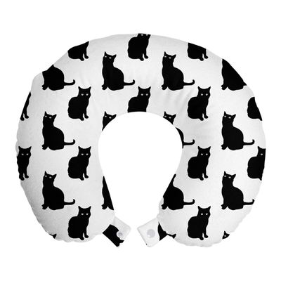 Ambesonne Cat Travel Pillow Neck Rest, Black Cat on White Backdrop Playful Friendly Animals Posing Domestic Pets, Memory Foam Traveling Accessory for Airplane and Car, 12", Black White