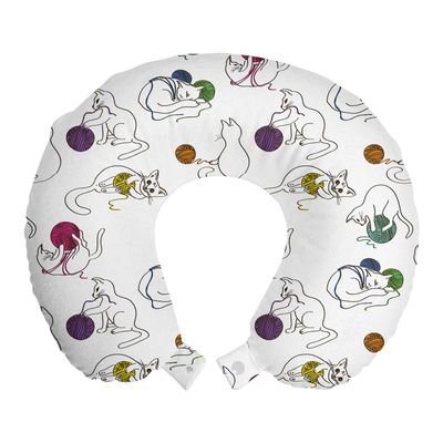 Ambesonne Cat Travel Pillow Neck Rest, Funny Cats Playing with Colorful Balls of Yarn Hand Drawn Style Joyful Domestic Pets, Memory Foam Traveling Accessory for Airplane and Car, 12", Yellow Purple