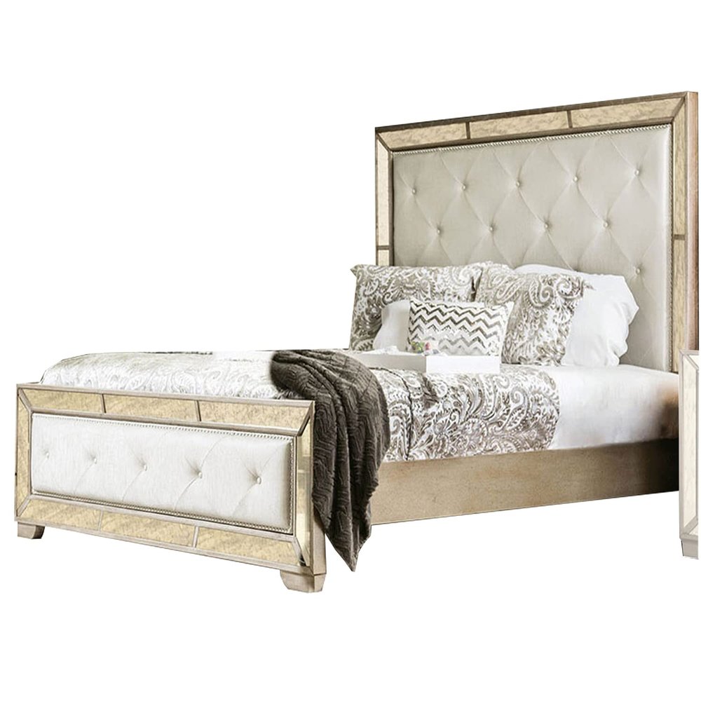 Benjara Leatherette Upholstered Wooden Queen Size Bed, Silver and Gold