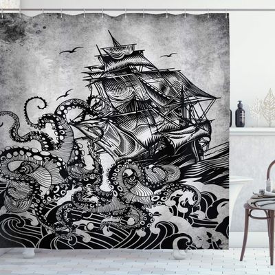 Ambesonne Nautical Bathroom Decor Shower Curtain Monochrome Marine Design Kraken Octopus Tentacle Around Ship 100% Polyester Cloth Fabric for Bathroom Decor Set with Hooks 69" W x 84" L, Charcoal Grey