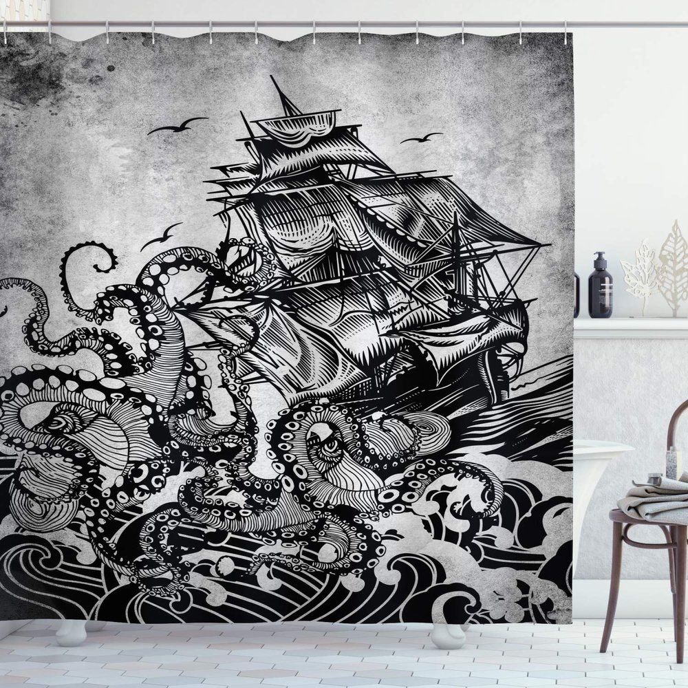 Ambesonne Nautical Bathroom Decor Shower Curtain Monochrome Marine Design Kraken Octopus Tentacle Around Ship 100% Polyester Cloth Fabric for Bathroom Decor Set with Hooks 69" W x 84" L, Charcoal Grey