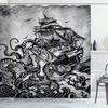 Ambesonne Nautical Bathroom Decor Shower Curtain Monochrome Marine Design Kraken Octopus Tentacle Around Ship 100% Polyester Cloth Fabric for Bathroom Decor Set with Hooks 69" W x 84" L, Charcoal Grey view 1