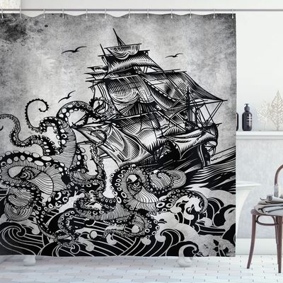 Ambesonne Nautical Shower Curtain Monochromatic Marine Ocean Design of Kraken Octopus Tentacle Around Ship Fabric for Maritime Bathroom Decor Set with Hooks Home and House 69" W x 75" L, Charcoal Grey