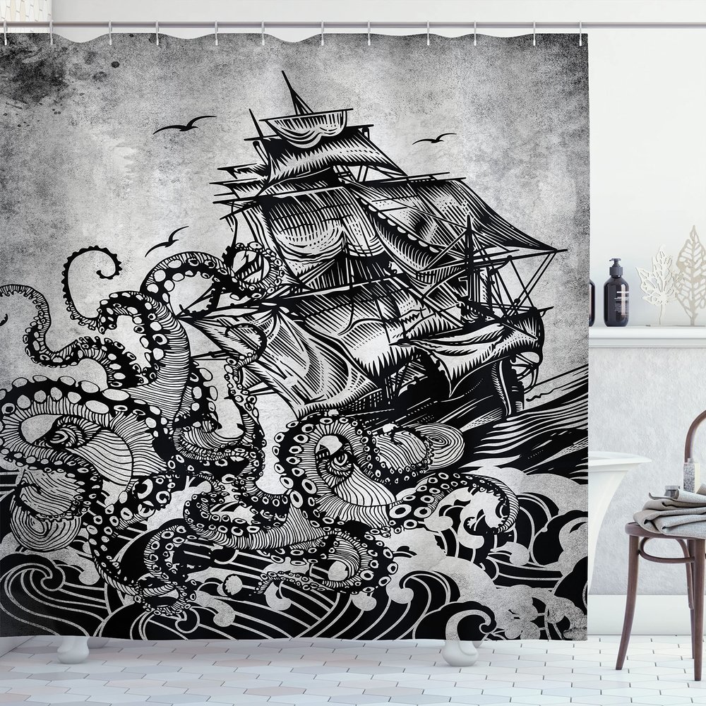 Ambesonne Nautical Shower Curtain Monochromatic Marine Ocean Design of Kraken Octopus Tentacle Around Ship Fabric for Maritime Bathroom Decor Set with Hooks Home and House 69" W x 75" L, Charcoal Grey
