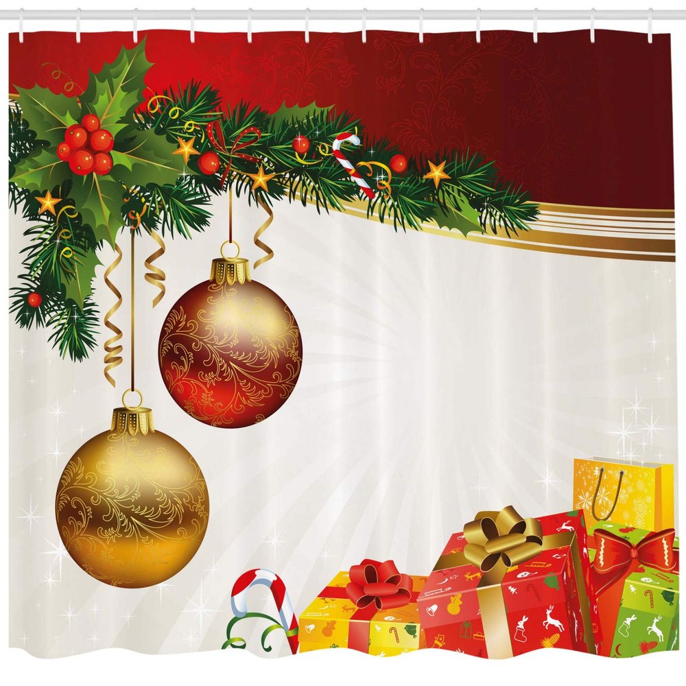 Ambesonne Christmas Shower Curtain, Yule Eve Balls Baubles Ribbon Present Boxes Fir Tree Greeting Celebration Theme, Cloth Fabric Bathroom Decor Set with Hooks, 69" W x 84" L, Multicolor