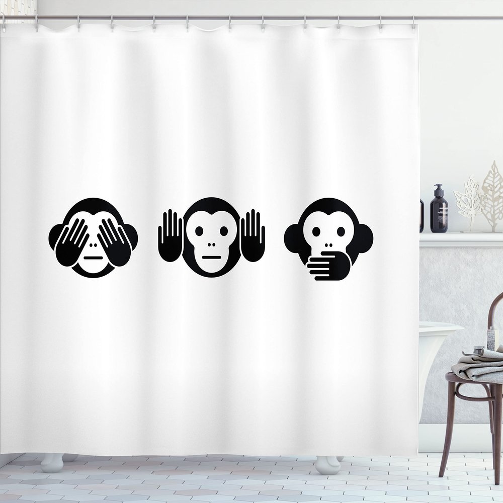 Ambesonne Monkey Shower Curtain, See No Evil Hear No Evil Speak No Evil Animal Graphic Simple Illustration, Cloth Fabric Bathroom Decor Set with Hooks, 69" W x 84" L, Charcoal Grey White