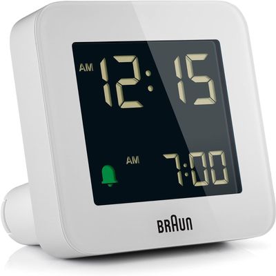 Braun Digital Alarm Clock with Snooze, Negative LCD Display, Quick Set, Crescendo Beep Alarm in White, Model BC09W.