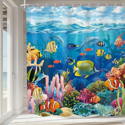 Homewelle Ocean Kids Shower Curtain 72Wx72L Funny Fish Under Water Underwater Colorful World Coral Blue Clown Fish Cute Cool Animal for Boys Children Waterproof Polyester Fabric Bathroom Bathtub