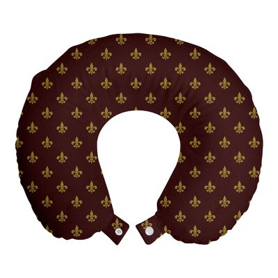 Ambesonne Fleur De Lis Travel Pillow Neck Rest, French Pattern European Culture Theme Abstract Vintage Renaissance, Memory Foam Traveling Accessory for Airplane and Car, 12", Burgundy Earth Yellow