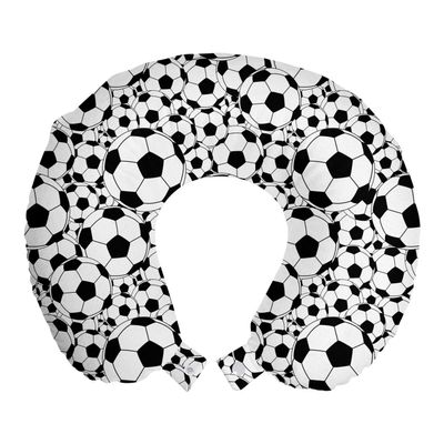 Ambesonne Soccer Travel Pillow Neck Rest, Monochrome Design Pattern of Classical Football Balls Cartoon Pattern Sports Themed, Memory Foam Traveling Accessory for Airplane and Car, 12", White Black