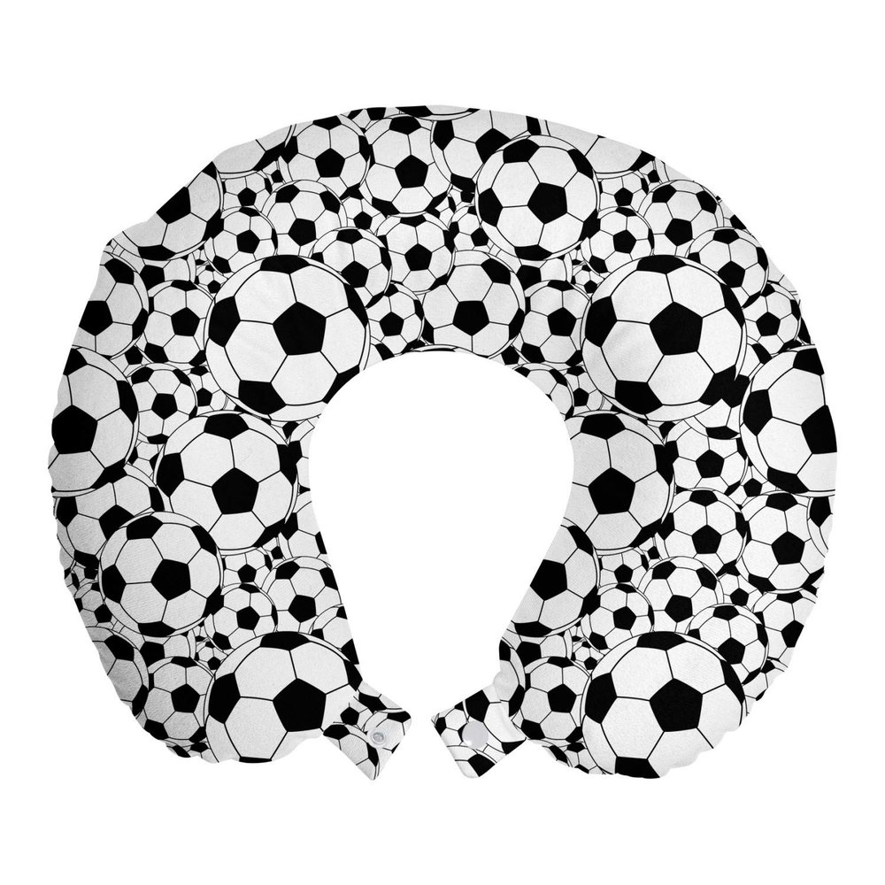 Ambesonne Soccer Travel Pillow Neck Rest, Monochrome Design Pattern of Classical Football Balls Cartoon Pattern Sports Themed, Memory Foam Traveling Accessory for Airplane and Car, 12", White Black
