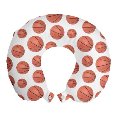 Ambesonne Basketball Travel Pillow Neck Rest, Realistic Style Balls Pattern on White Classical Sports Themed, Memory Foam Traveling Accessory for Airplane and Car, 12", Cinnamon White