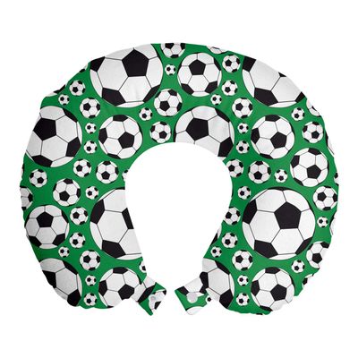 Ambesonne Soccer Travel Pillow Neck Rest, Various Sizes Footballs Pattern Active Lifestyle Popular Sport from Europe, Memory Foam Traveling Accessory for Airplane and Car, 12", Green Black White