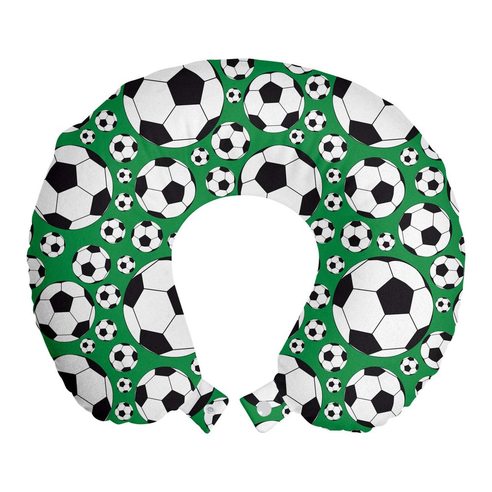 Ambesonne Soccer Travel Pillow Neck Rest, Various Sizes Footballs Pattern Active Lifestyle Popular Sport from Europe, Memory Foam Traveling Accessory for Airplane and Car, 12", Green Black White