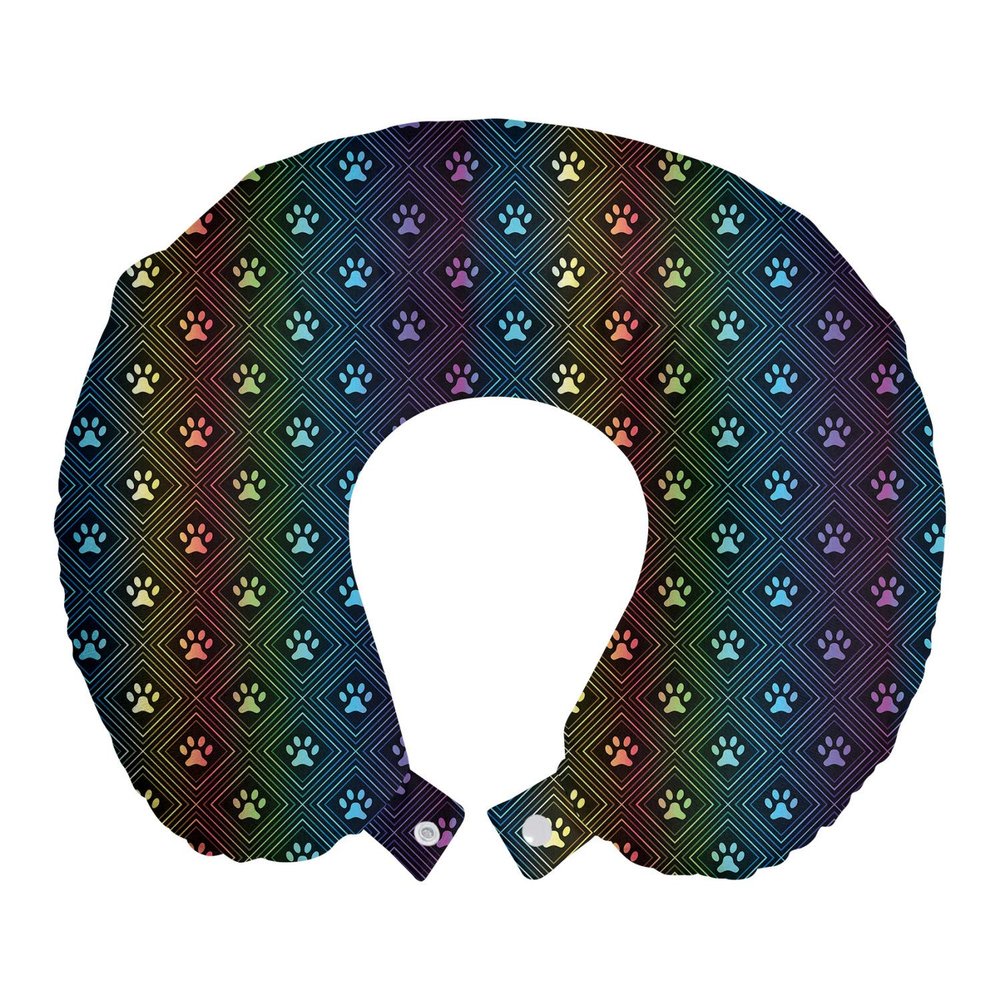 Ambesonne Dog Lover Travel Pillow Neck Rest, Paw Print Pattern Diamond Shaped Rhombus Shapes Design Geometric Arrangement, Memory Foam Traveling Accessory for Airplane and Car, 12", Blue Orange