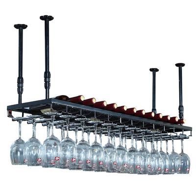 Industrial Wine Racks, Adjustable Metal Hanging Ceiling Bar Wine Glass Rack, Rustic Wall Mounted Bottle Holder Floating Shelves for Home Room Living Room
