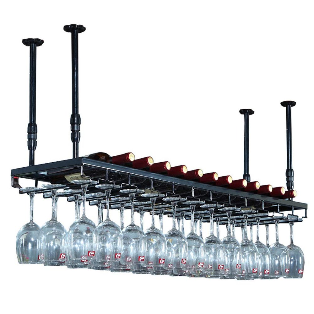 Industrial Wine Racks, Adjustable Metal Hanging Ceiling Bar Wine Glass Rack, Rustic Wall Mounted Bottle Holder Floating Shelves for Home Room Living Room