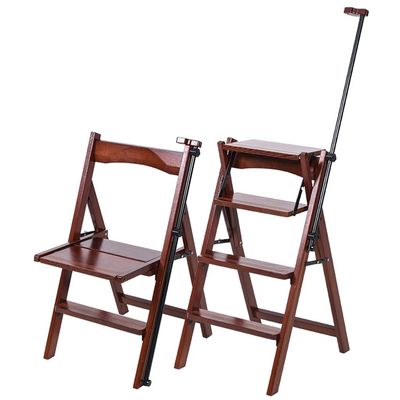 Folding 4 Tread Stepstool Ladder, Dual-use Dining Chair/Wood Step Stool with Handle Ascending Stool for Kids & Adults, Home Garden Tool Max. 200kg, Dark Walnut