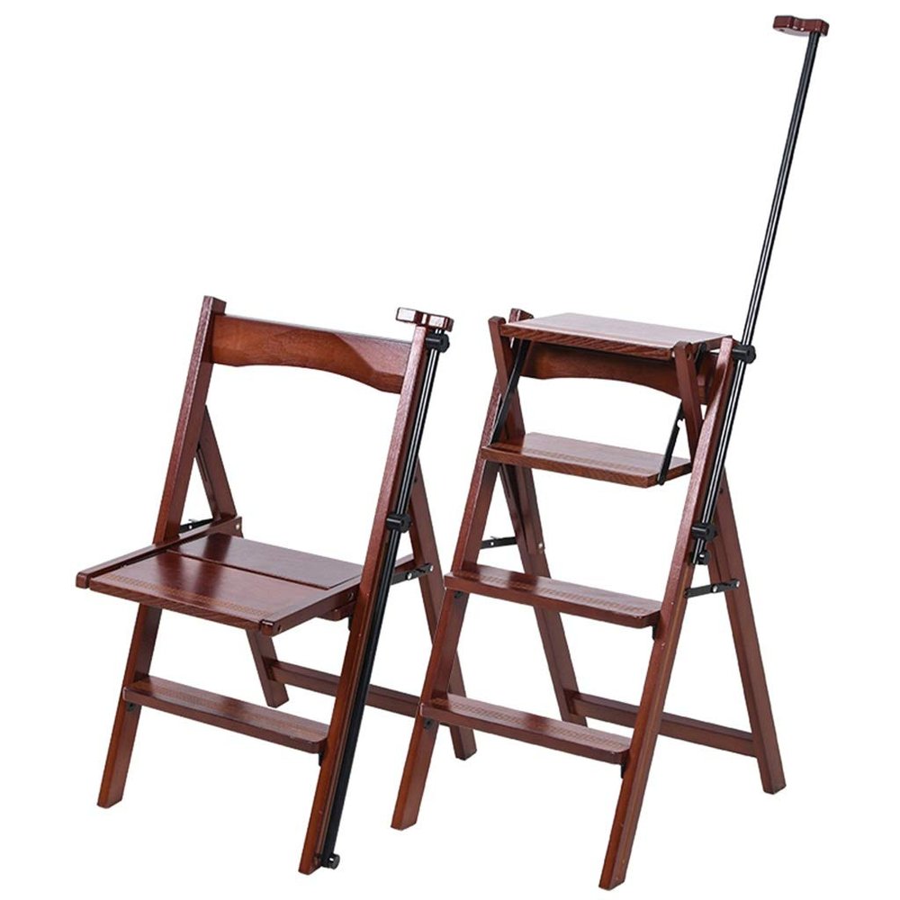 Folding 4 Tread Stepstool Ladder, Dual-use Dining Chair/Wood Step Stool with Handle Ascending Stool for Kids & Adults, Home Garden Tool Max. 200kg, Dark Walnut