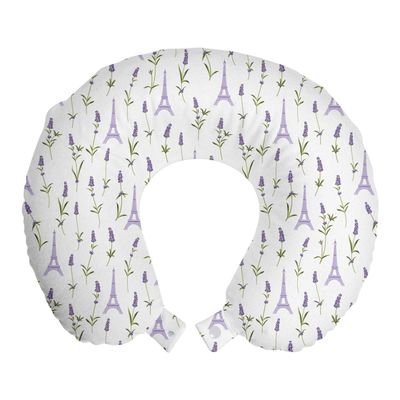 Ambesonne Eiffel Travel Pillow Neck Rest, Pattern with Lavender Flowers Eiffel Tower Rustic Spring Inspired Botany, Memory Foam Traveling Accessory for Airplane and Car, 12", Lavender White