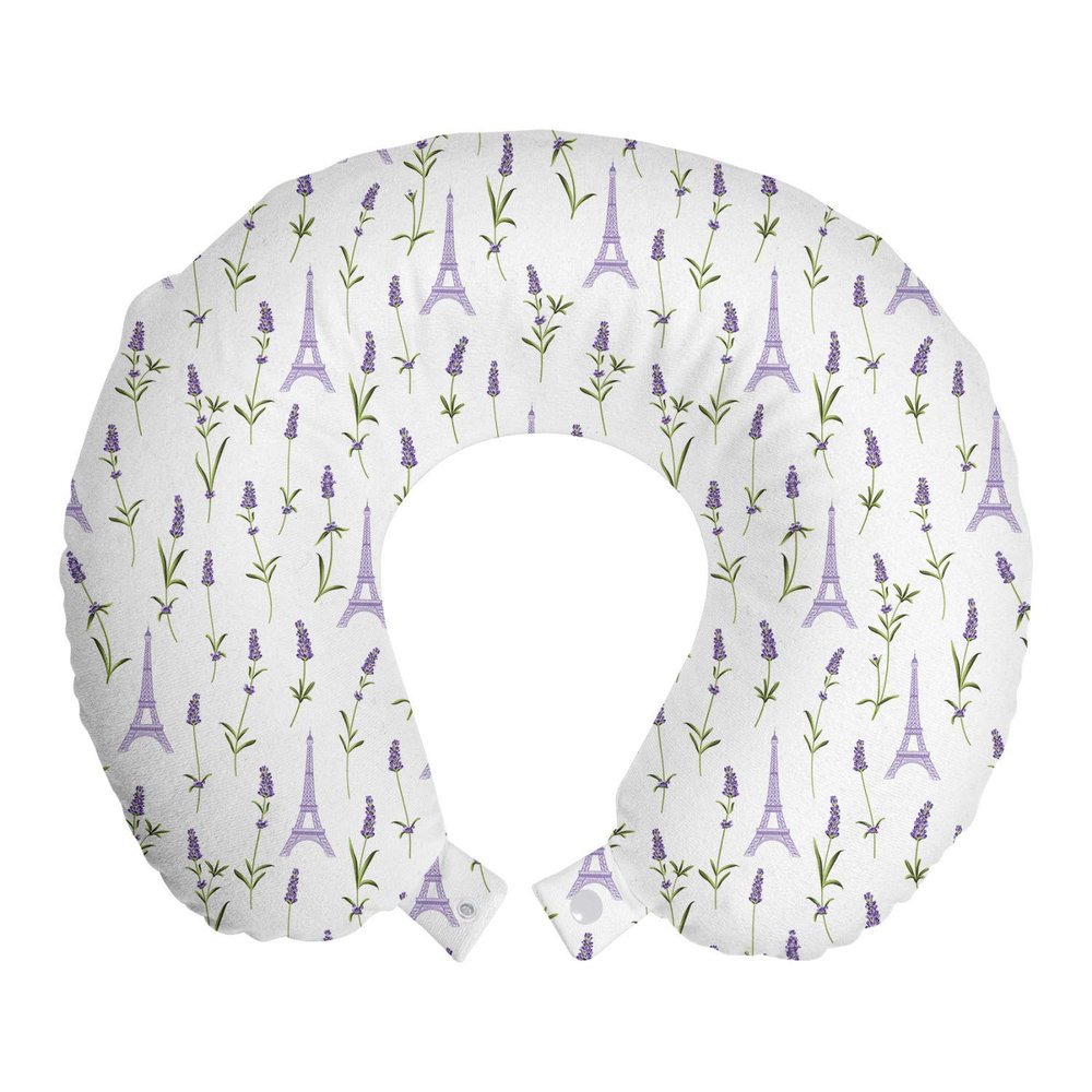 Ambesonne Eiffel Travel Pillow Neck Rest, Pattern with Lavender Flowers Eiffel Tower Rustic Spring Inspired Botany, Memory Foam Traveling Accessory for Airplane and Car, 12", Lavender White