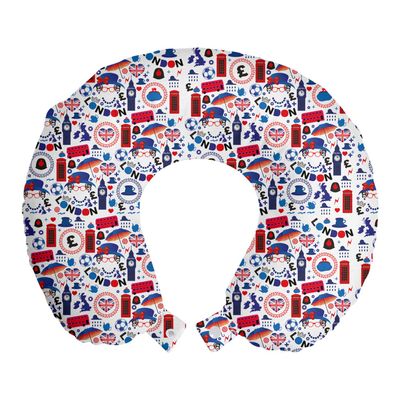 Ambesonne London Travel Pillow Neck Rest, Pattern with London Queen Elizabeth Umbrella Tea Party Map Travel Theme, Memory Foam Traveling Accessory for Airplane and Car, 12", Ruby Blue
