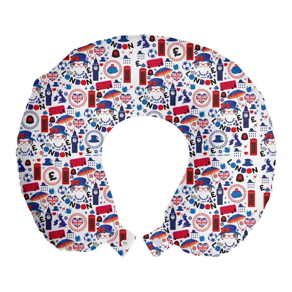 Ambesonne London Travel Pillow Neck Rest, Pattern with London Queen Elizabeth Umbrella Tea Party Map Travel Theme, Memory Foam Traveling Accessory for Airplane and Car, 12", Ruby Blue