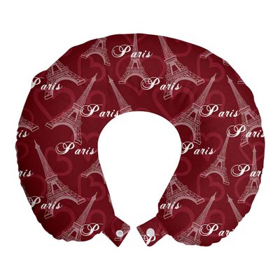 Ambesonne Eiffel Travel Pillow Neck Rest, Romantic Valentines Day Eiffel Tower City of Love Doodle Style Heart Shapes, Memory Foam Traveling Accessory for Airplane and Car, 12", Maroon White