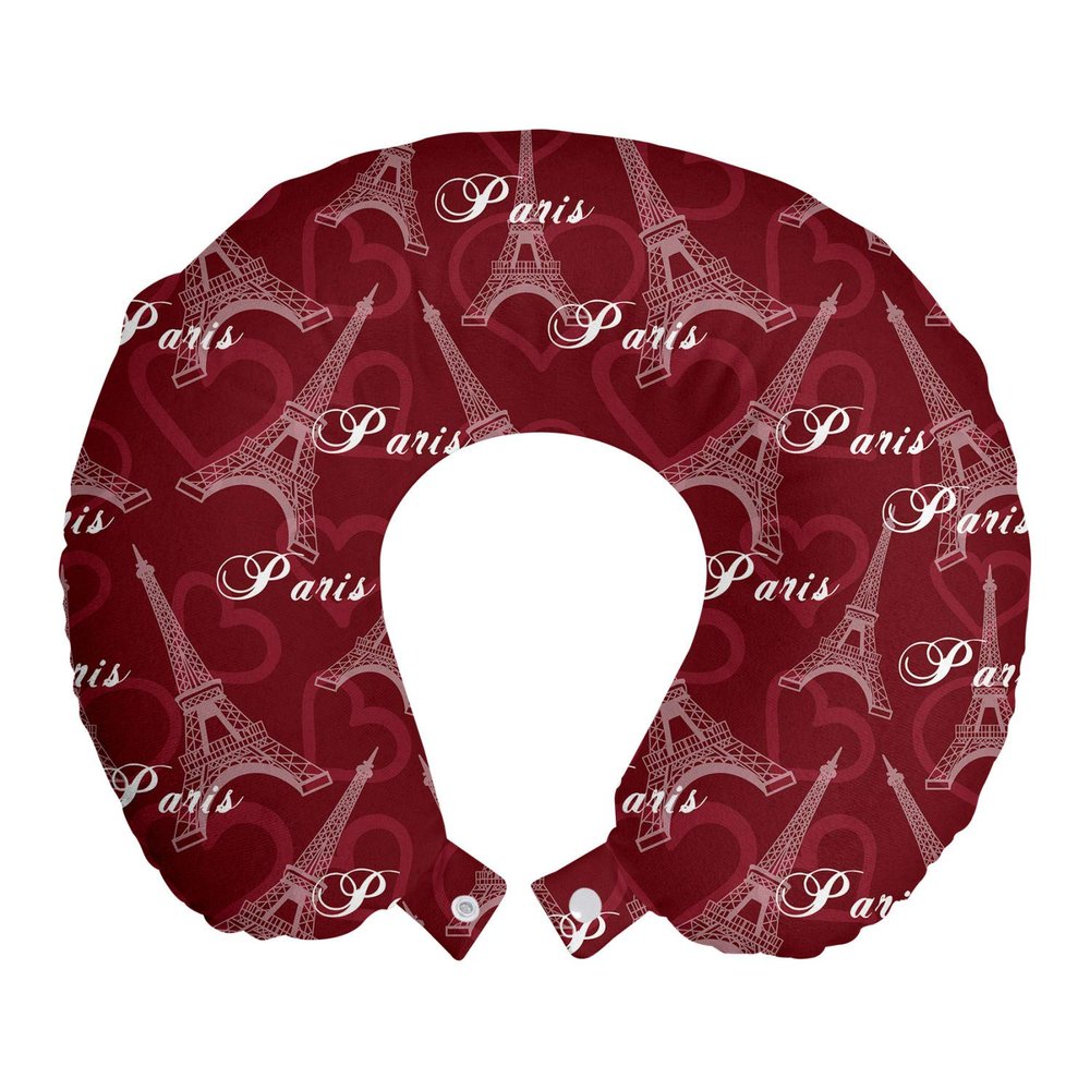Ambesonne Eiffel Travel Pillow Neck Rest, Romantic Valentines Day Eiffel Tower City of Love Doodle Style Heart Shapes, Memory Foam Traveling Accessory for Airplane and Car, 12", Maroon White